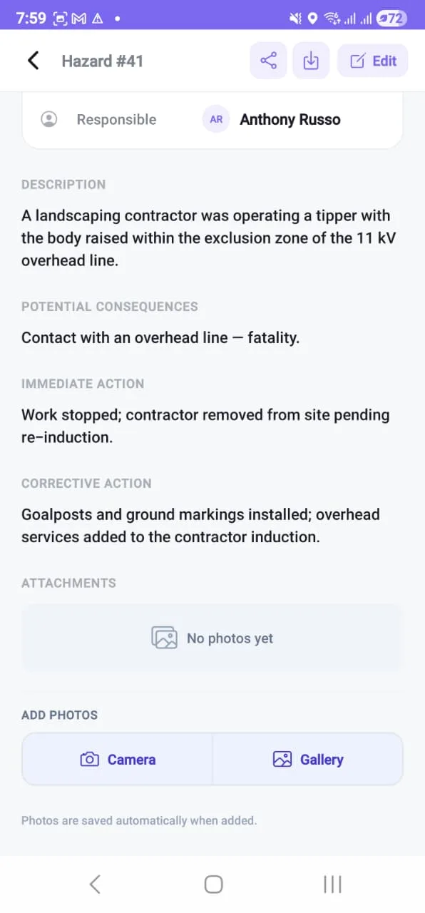 A hazard on the phone showing description, potential consequences, immediate action and corrective action as four separate fields, with photo attachment buttons underneath