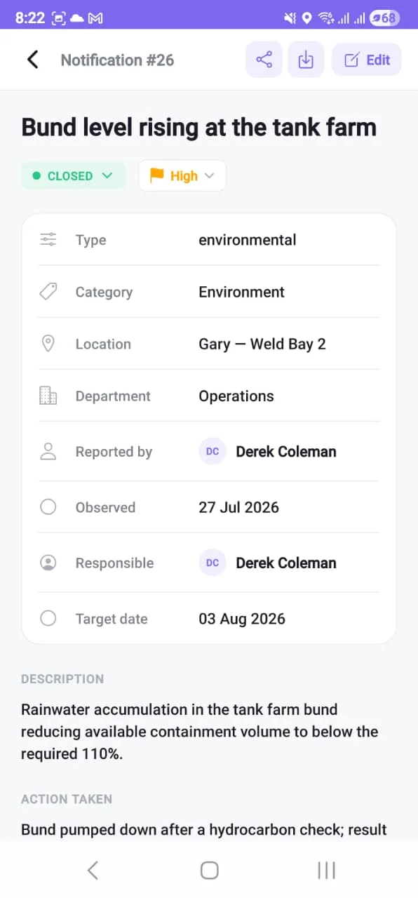 An environmental observation on the phone showing type, category, location, department, reporter, observed date, responsible person and target date