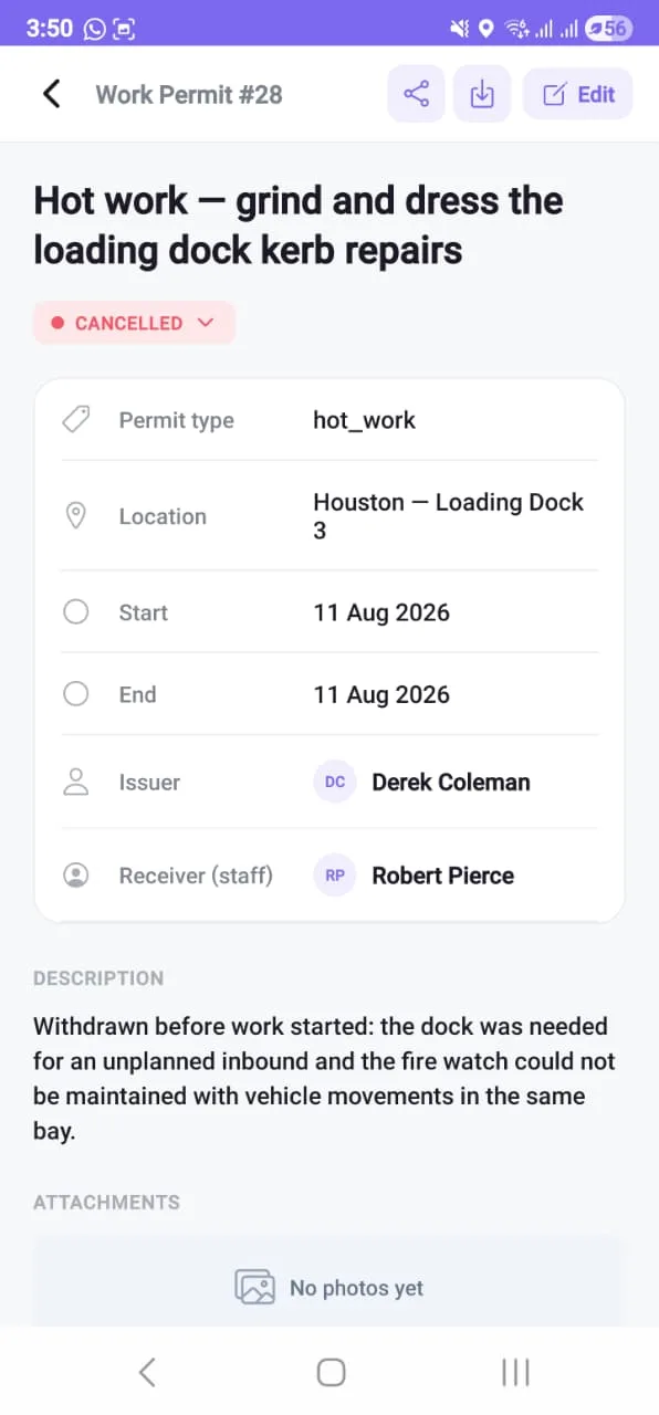 Permit #28 on the phone: a hot-work permit cancelled before work started, with the reason recorded