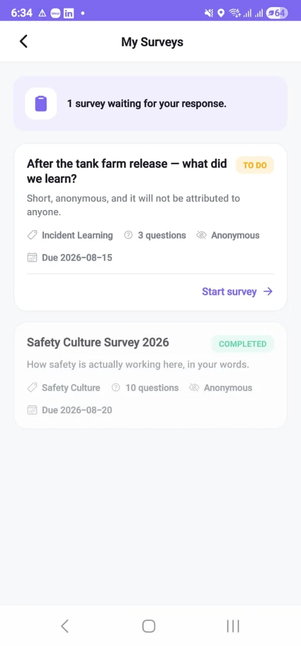 The My Surveys screen on the field app, listing one survey to do and one completed, each showing whether it is anonymous and when it is due.